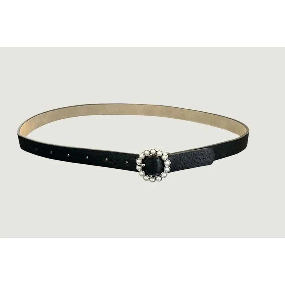 Set of 2 Skinny Belts Black Pearl Buckle and White Silver Tip Faux Leather Small